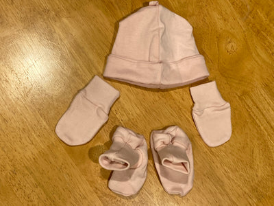 Organic Cotton Pink Baby Cap, Booties & Mittens Set