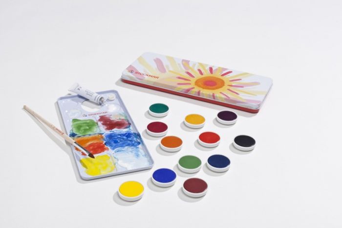 Stockmar Opaque Colors 12 Colors includes Opaque White, Brush and Mixing Palette
